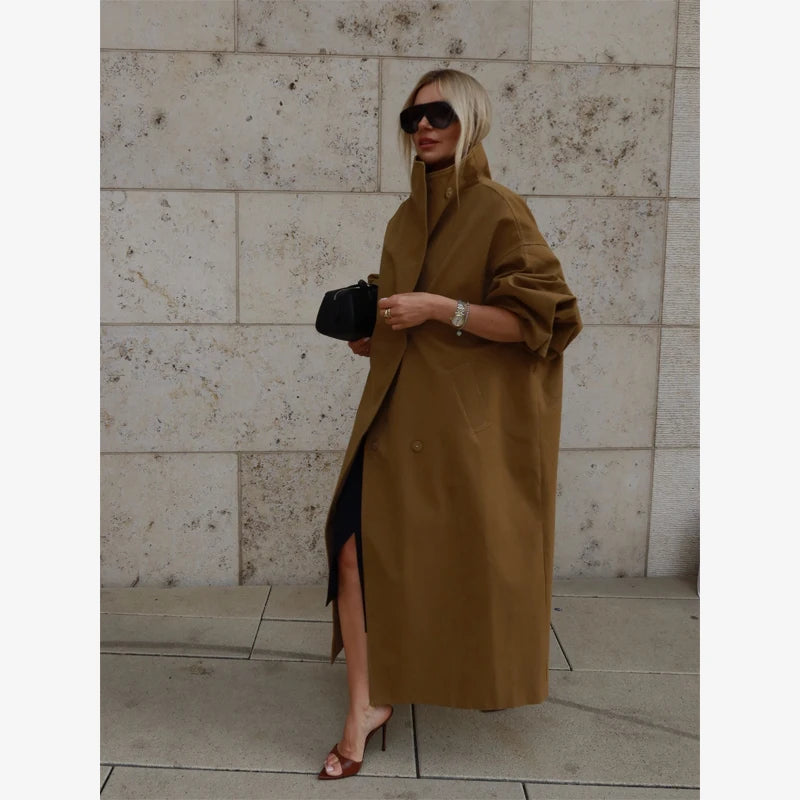 Women Green Oversized Belt Overcoat Elegant Long Sleeve Pleated Lapel Lace Up Windbreaker Autumn Lady Daily Street Outerwears