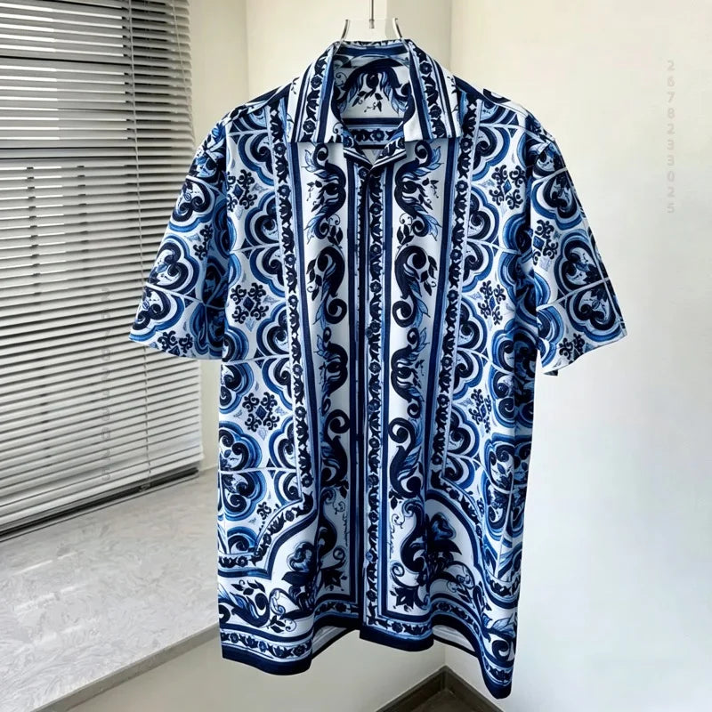 Men's shirts, summer Baroque printed shirts, loose oversized retro short sleeved shirts, vacation style versatile men's tops