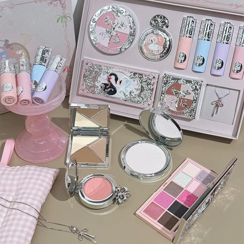 NICEKEY Multipurpose Makeup Sets Include 4 Lip Mud,1 Blush,1 Pressed Powder,1 Eyes Palette,1 Contour Palette With Necklace Gift