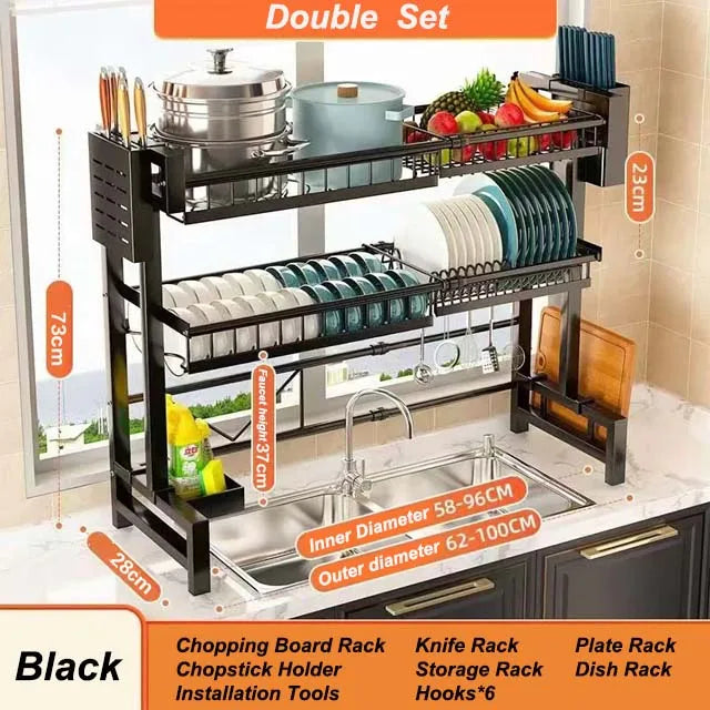 Kitchen Storage Shelf Above The Sink Stretchable Bowl Draining Rack Multifunctional Dish Knife Spoon Sink Rack Set Organizer