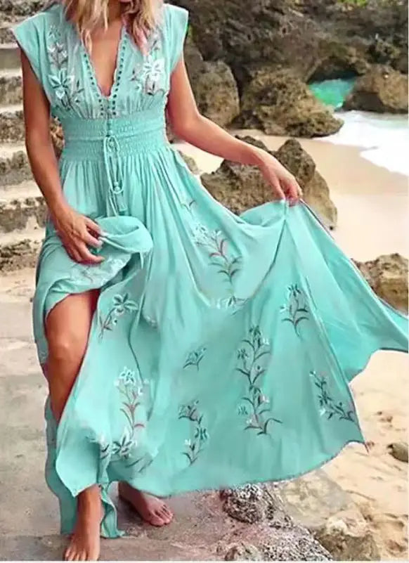 2026 Women's New Summer Fashion Women's V-neck French Beach Wave Casual Printed Dress for Women