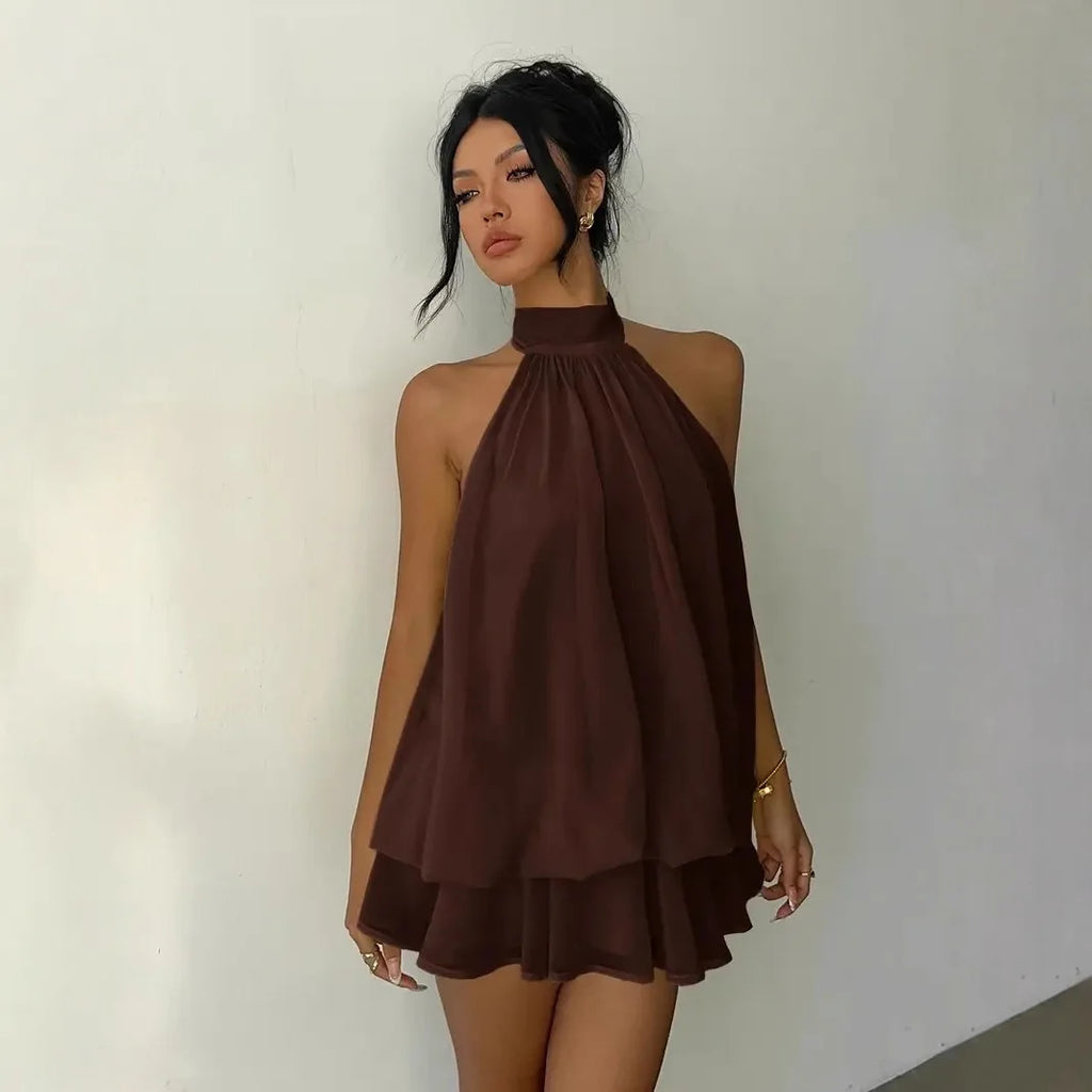 Women Halter Neck Backless Tie Mini Dress Summer Sleeveless Chiffon Ruffle Short Dresses Sexy Club Party Beach Vacation Outfit