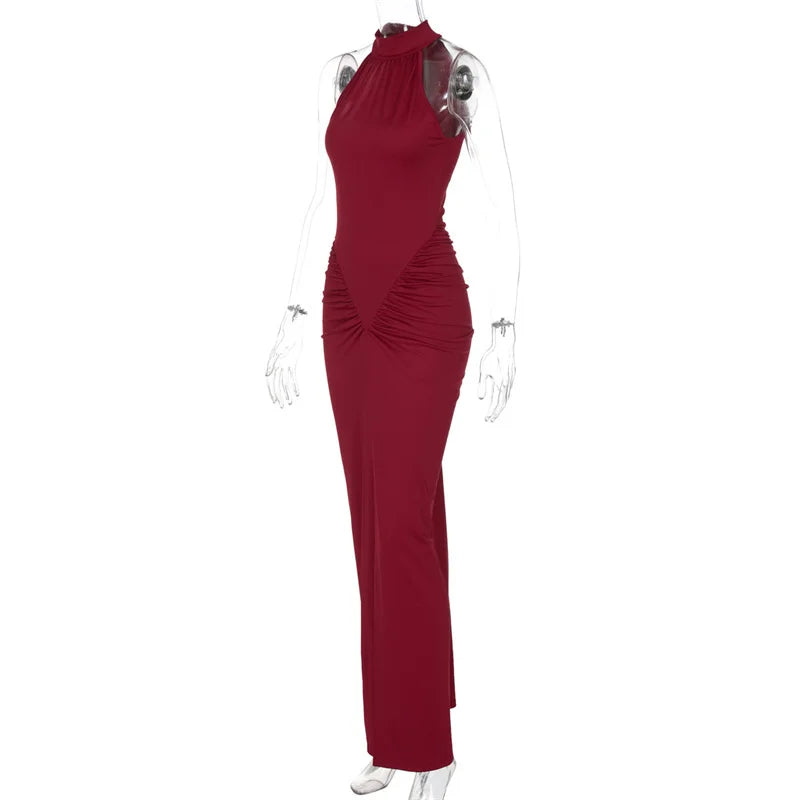 Mozision Halter Ruched Sleeveless Sexy Maxi Dress Women Gown Fashion Slim High Waist Evening Club Party Split Long Dress