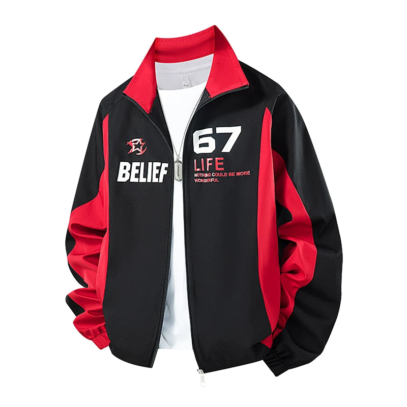 Men's Black Red Color Block Stand Collar Jacket Letter Print Zip Up Casual Streetwear Outerwear