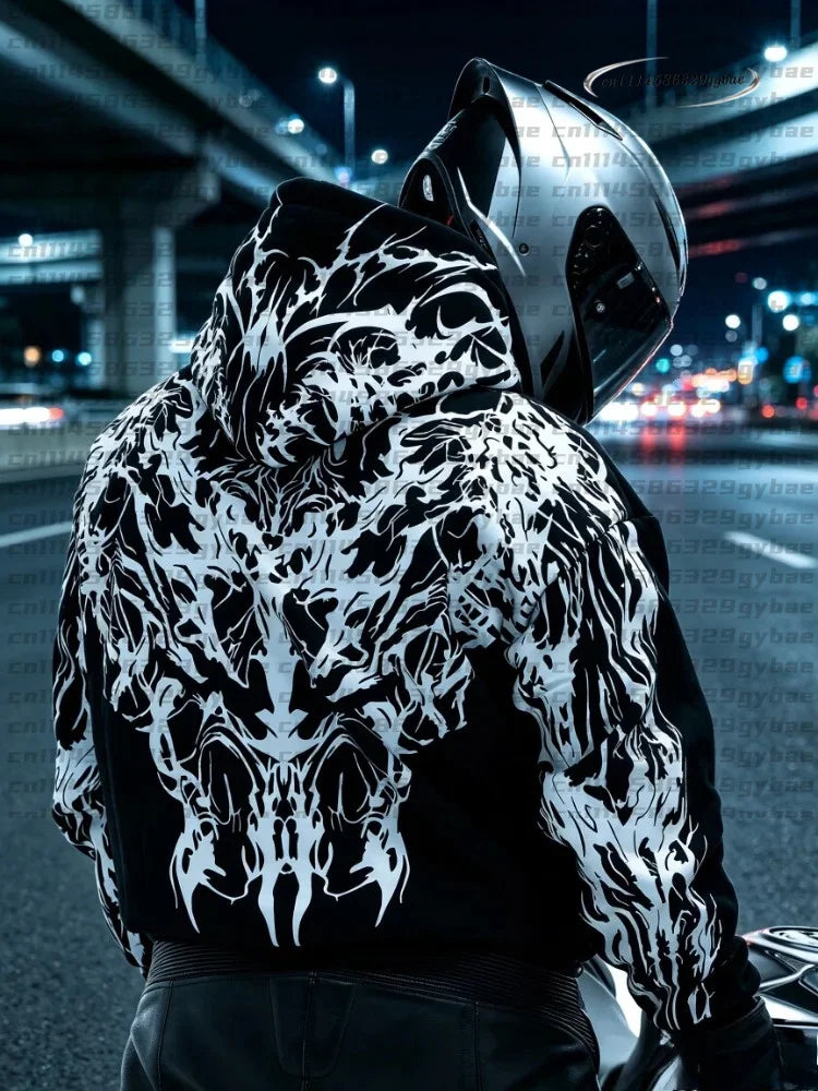 Men Street Reflective Hoodie Y2k Style Gothic Long‑sleeve Pullover Hooded Sweatshirt Loose‑fit Motorcycle Rider Night Outing New