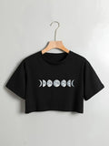 Moon Print Crew Neck T-shirt Casual Short Sleeve Crop Top for Spring & Summer Women's Clothing