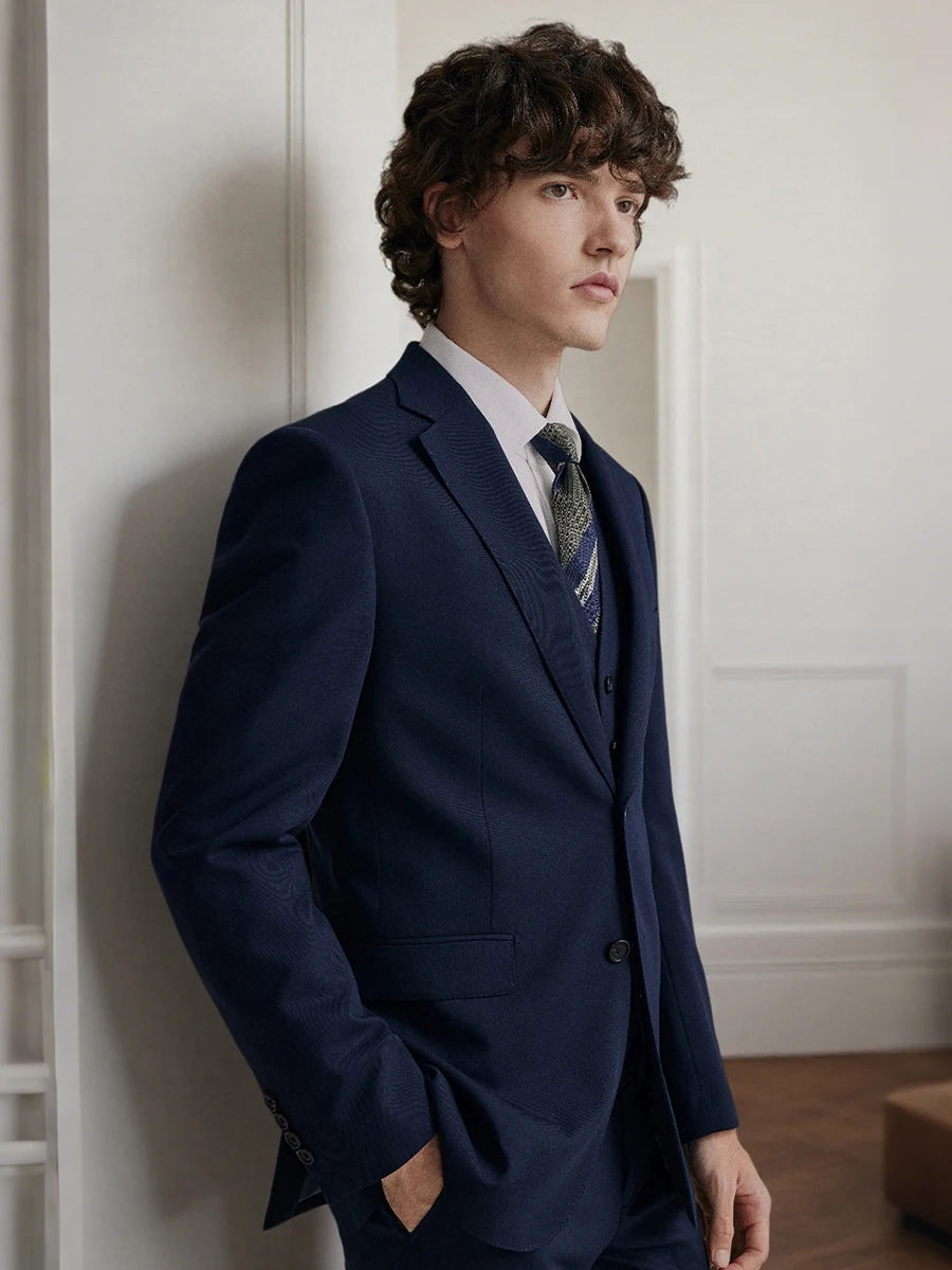 Men's 11% Wool Suit for Groom, Wedding & Business Casual Blazer Set, Premium Blue Formal Attire with Pants, Reusable for Office