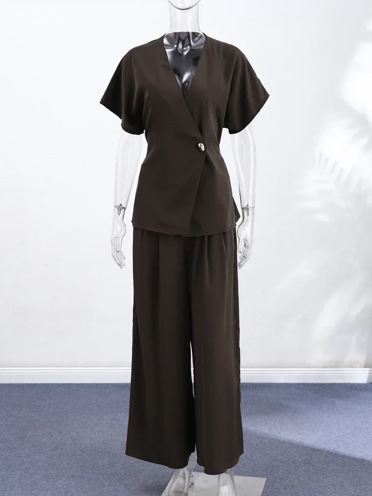Elegant Button Top Pants Set Women Slim V-neck Short Sleeve One Button Tops High Waist Wide Leg Pant Two Piece Sets 2026 Summer