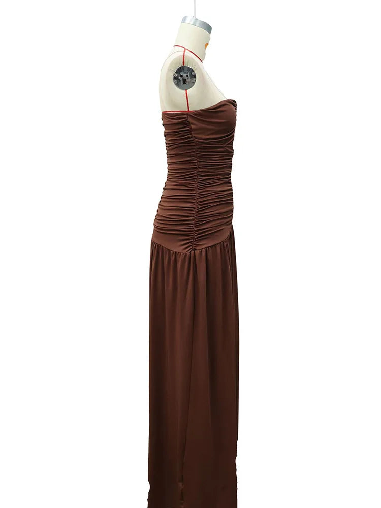 Rinabe Deep V Neck Strapless Maxi Dress Chic Solid Off-shoulder Backless Split Elegant Evening Dress Women Chic Slim Dresses