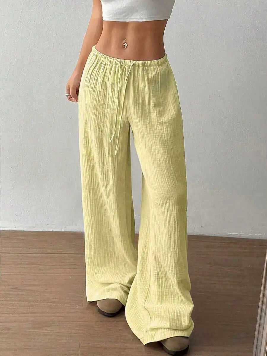 Women's Elegant Versatile Elastic Waist Comfortable Casual Pant Slightly Elastic Simple Solid Color High Waist Wide-leg Pants
