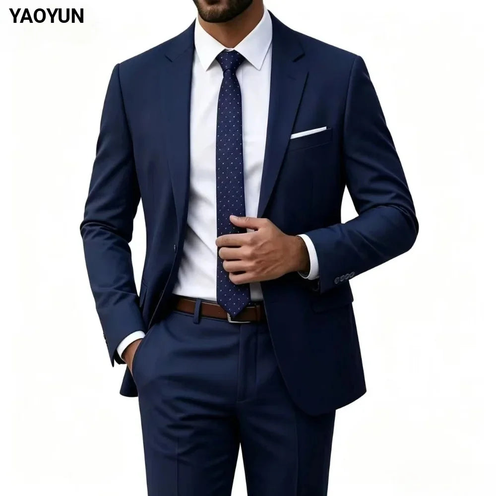Notched Lapel Men Suit Wedding Elegant 2 Pieces Set Jacket Pants Slim Fit Single Breasted Formal Business Tuxedo Office Blazer