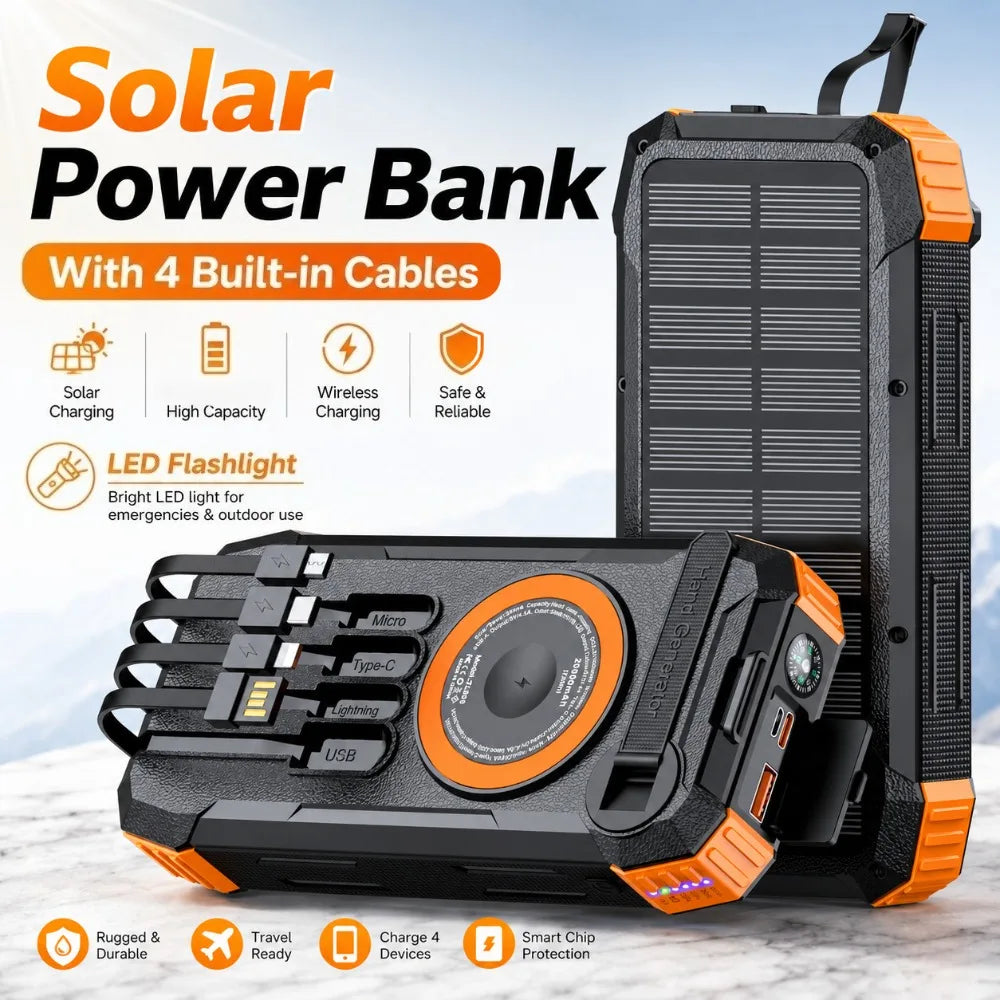 New 50000mAh Solar Power Bank Hand Crank Generator Portable Outdoor Emergency Charger with 4 Built-in Cables Dual LED Flashlight