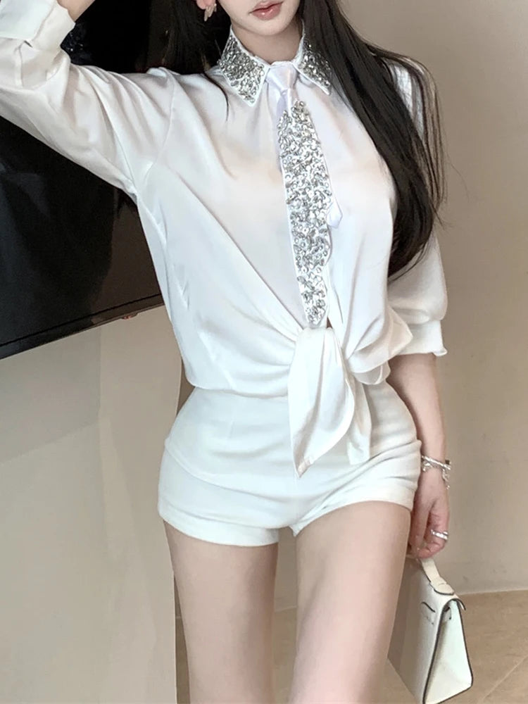 Luxury Rhinestone Turn down collar shirt for women 2025 New Shiny Satin Tie blouse Loose Black White Elegant Tops INKEO 5T031