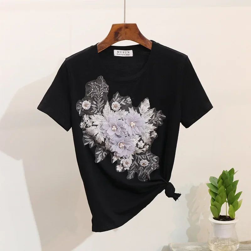 Two-Piece Suit 2025 Summer New Women Denim Pants Beading Embroidery Tshirt Tops+ High Waist Hole Jeans Female Casual Outfits