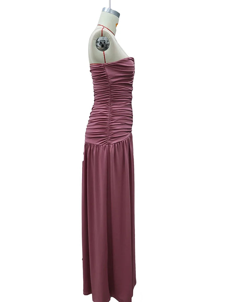 Rinabe Deep V Neck Strapless Maxi Dress Chic Solid Off-shoulder Backless Split Elegant Evening Dress Women Chic Slim Dresses