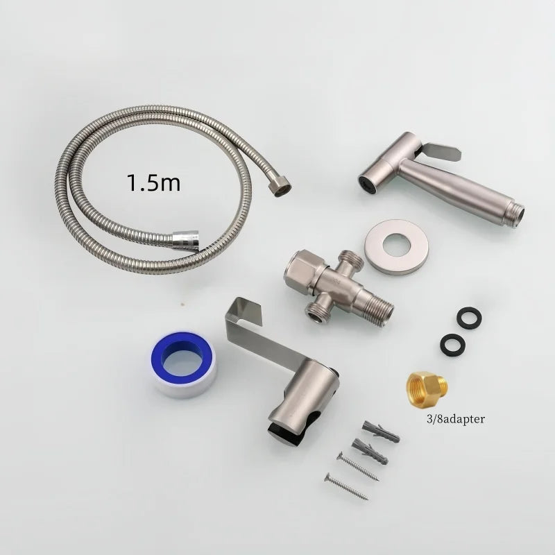 Stainless steel Bidet , toilet kit, portable faucet with stand, 3/8adapter,  toilet hose Used for personal and bathroom cleaning