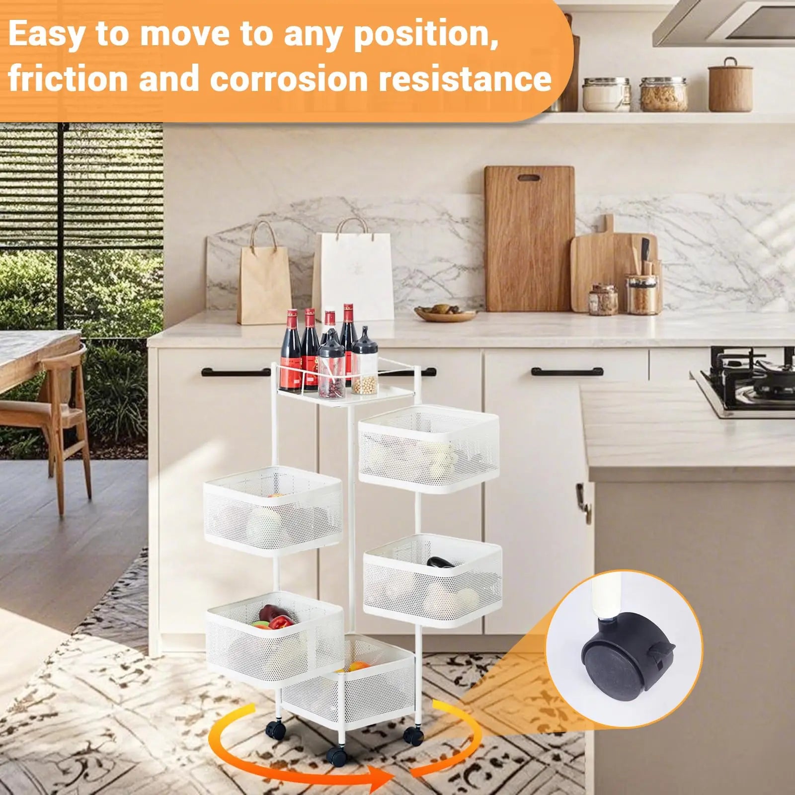 5-Tier Rolling Storage Cart with Rotating Baskets, Fruit & Vegetable Baskets Rotating Snack Rack for Kitchen Bathroom Craft Room