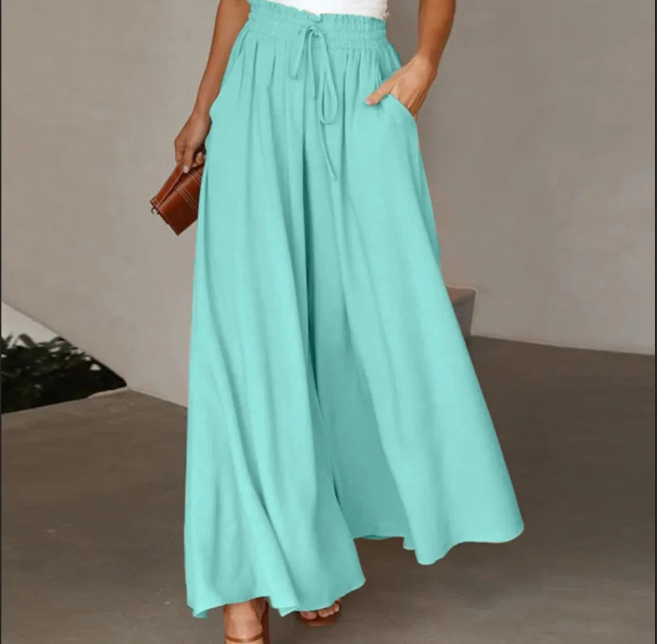 Women Casual Elastic Waist Wide Leg Pants Summer Elegant Drawstring Loose Straight Trouser Elegant Solid Pants Vacation Beach