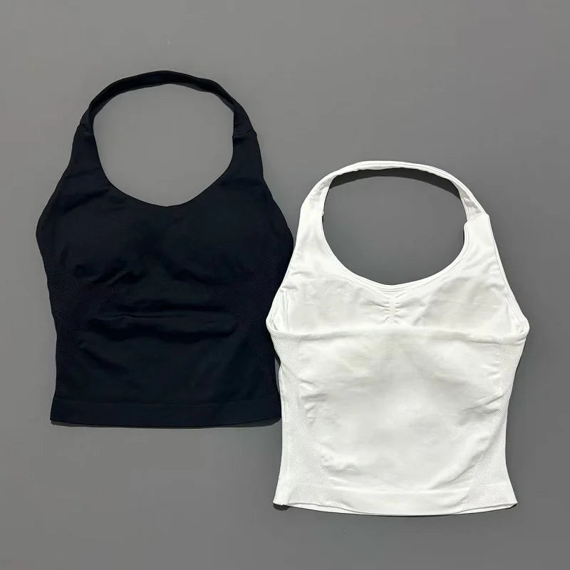 HISTELLO Sports Halter Top Seamless Women Sexy Yoga Clothing Backless Gym Tank Tops Push Up Workout Vest Running Fitness Bra Top