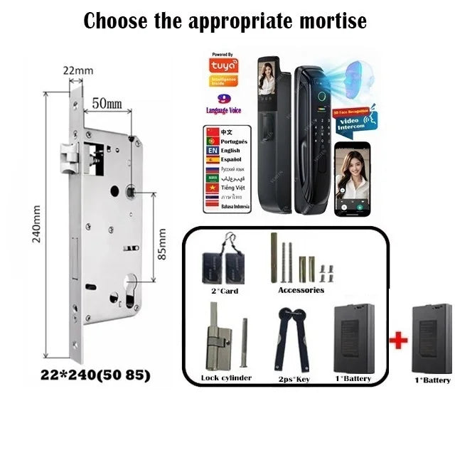 5050 5072 5572 4585 6085 Mortise Tuya WiFi Video Intercom 3D Face Recognition Smart Lock Biometric Camera Auto Keyless Lock