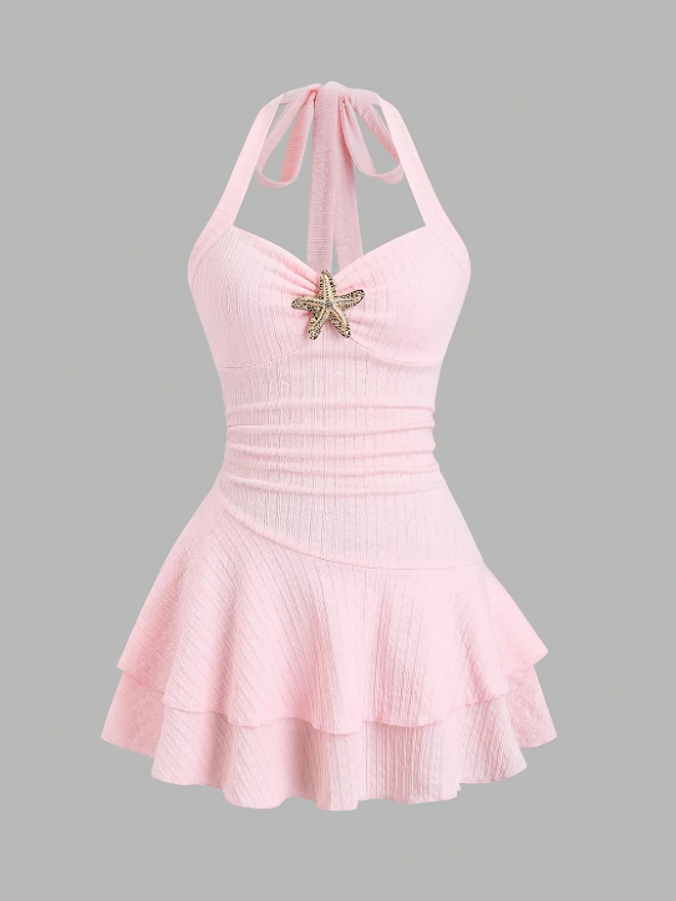 Women Summer Halter Mini Dress Sexy Tiered Ruffle Bodycon Short Dress with Starfish Decor Vacation Beach Party Outfit