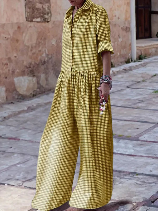 Fashion Lapel Single Breasted Half Sleeve Wide Leg Jumpsuit Spring Autumn Lady New Women's Loose Casual Plaid Printed Jumpsuit