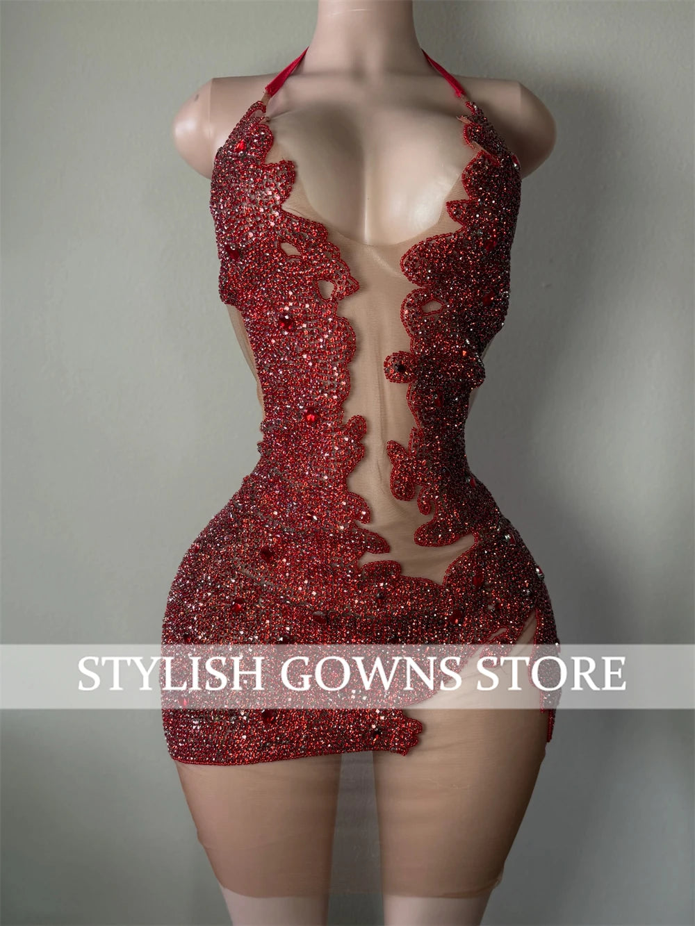 Red Sheer Diamond Short Prom Dress Black Girls Birthday Party Dresses Beaded African Cocktail Dresses Homecoming 2026 Customized