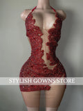 Red Sheer Diamond Short Prom Dress Black Girls Birthday Party Dresses Beaded African Cocktail Dresses Homecoming 2026 Customized