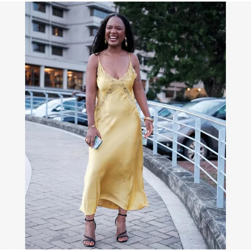 Chic Solid Lace Patchwork Satin Dress Fashion Sleeveless Off-shoulder Sling Maxi Dresses Party Daily Outdoor Casual Attire 2026