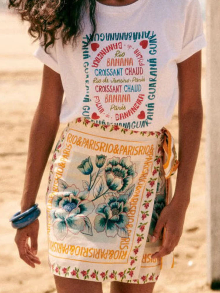Summer New Fashion Women's Beach Style Short Skirt Printed Retro Vacation Style Covering Casual Sexy Elegant Half Skirt