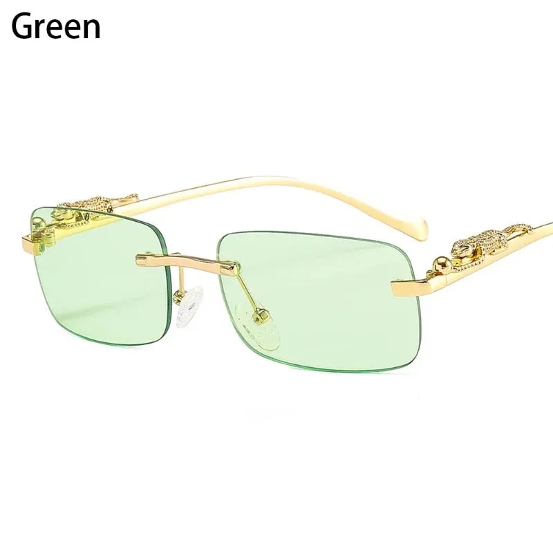 Unisex Luxury Rimless Square Sunglasses - Brand Designer Leopard Head Metal Shade Eyewear Travel Driving