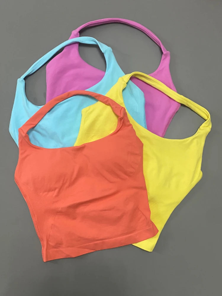 2DF-LOgo Women Halter 2Pcs Yoga Outfit PaddedCrop Tank High Waist Peach Butt ShortsSeamless Gym Pilates Sportswear