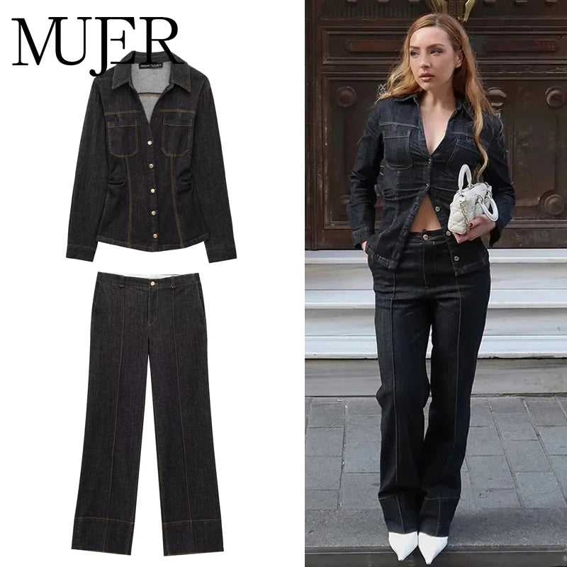 MUJER 2025 Denim Women's Pants Sets Button up Shirt Two Piece Outfits Woman High Waist Women's Trousers Suits Spring Lady Sets