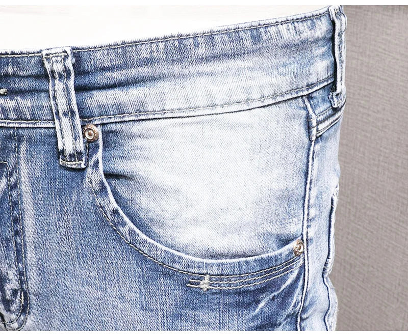 Streetwear Fashion Men Jeans Retro Light Blue Elastic Slim Fit Ripped Jeans Men Embroidery Designer Vintage Casual Denim Pants