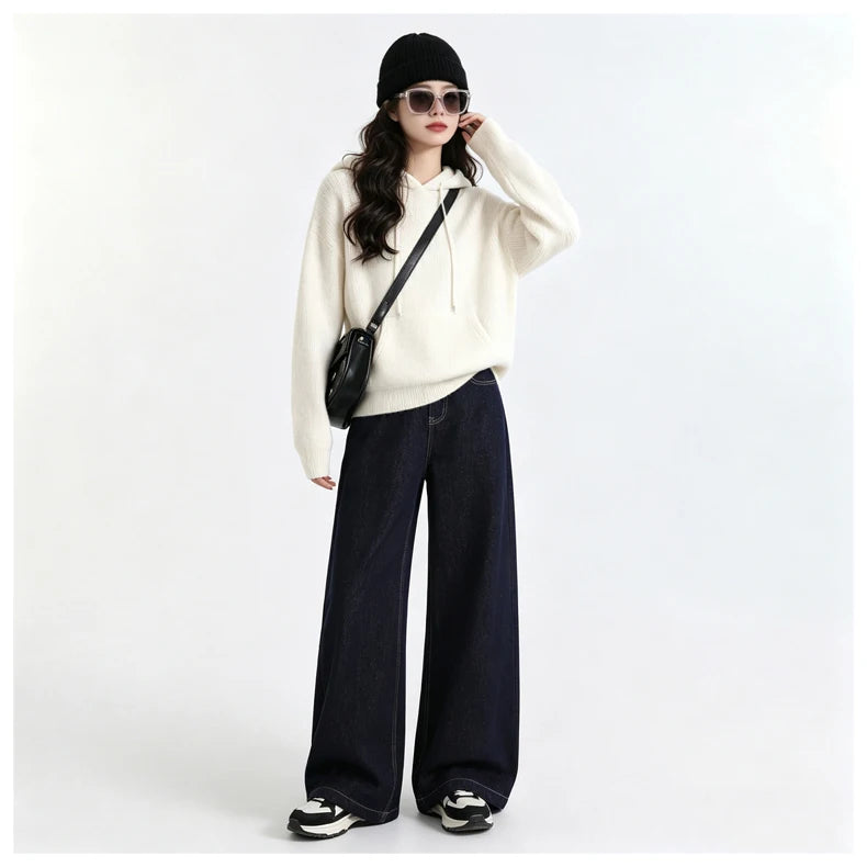 Raw Denim High Waist Wide Leg Draped Jeans Women Vintage Loose Slim Versatile Commute Long Trousers