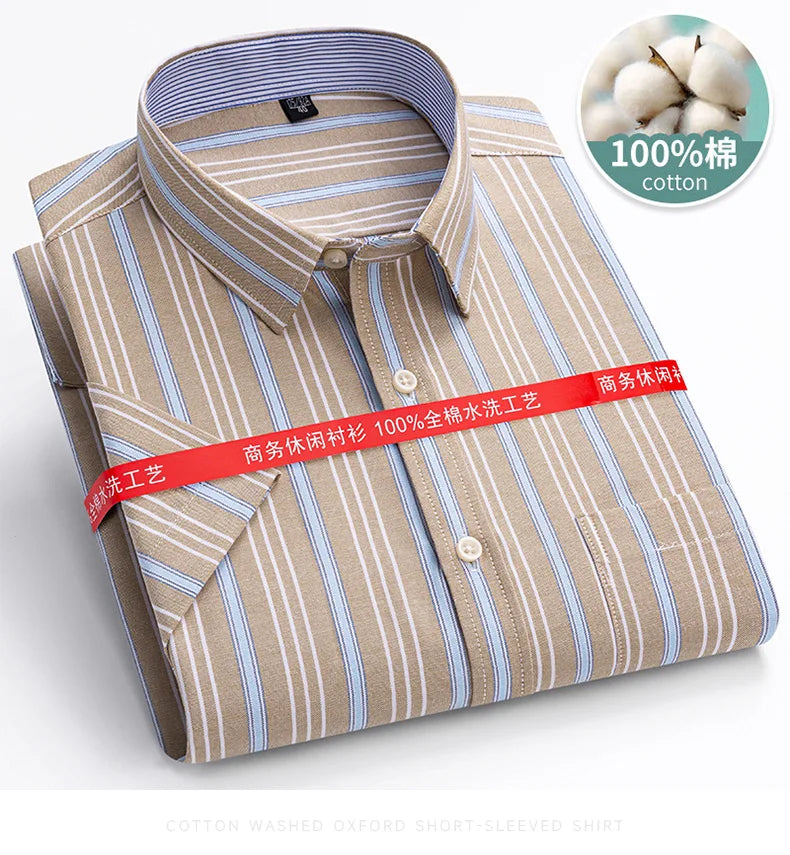 100%Pure Cotton Oxford Men's Shirts Short Sleeve Plaid Soft Regular Fit Formal Dress Shirt Social Blouse Male Clothes 6XL 7XL