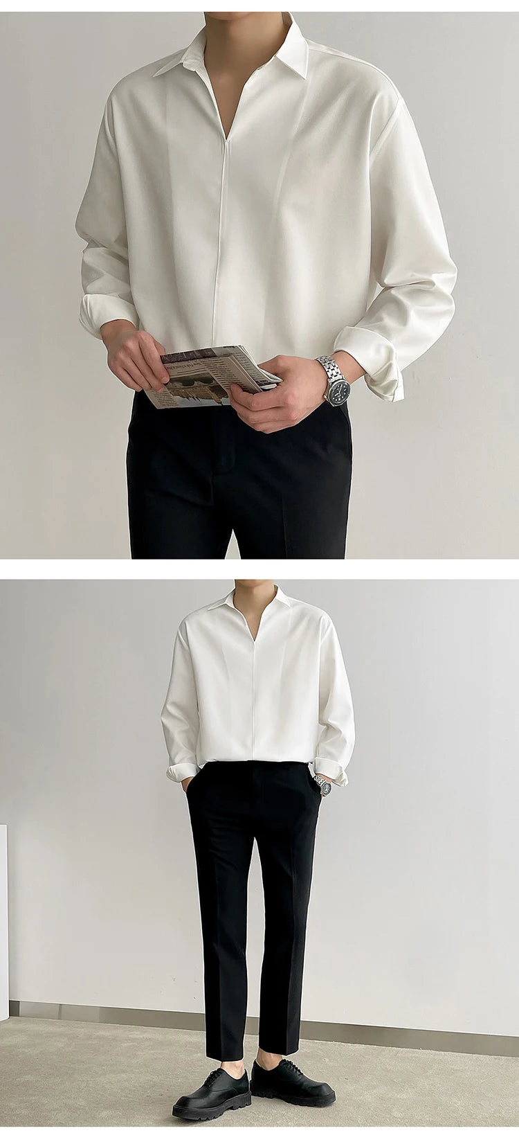 New Korean V Neck Men Shirts Luxury Casual Drooping Style Slim Solid Color Long Sleeve Pullover Blouse High Quality Autumn Tops