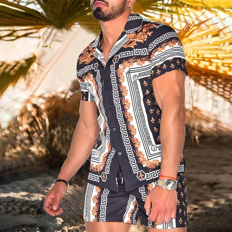 2024 Summer Men's Fashion Leopard Print Short Sleeve Shirt And Shorts Set Beach Style T Shirt Breathable Shorts Two Piece Set