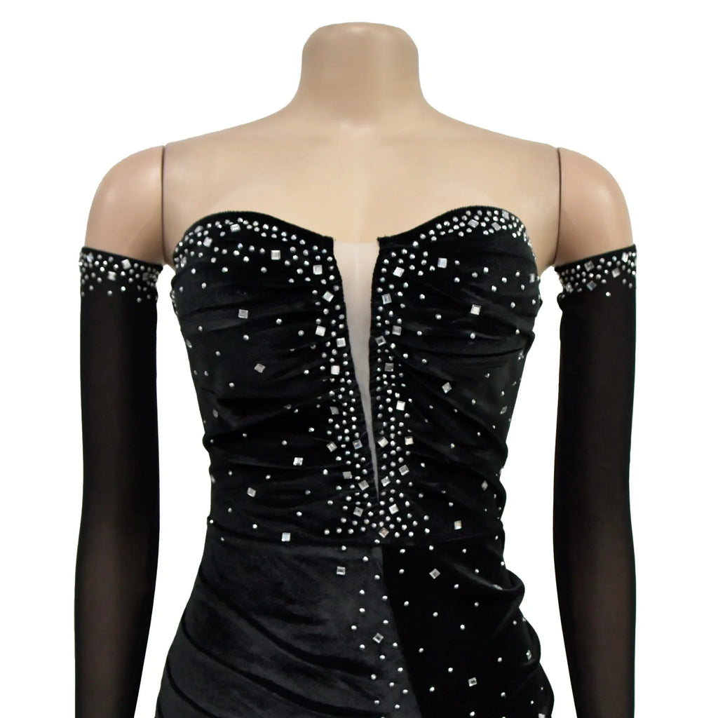 Women Diamonds Hot Rhinestones Velvet Ruched Side Split Bodycon Midi Dress with Cuff 2026 Sexy Party Dresses Vestidos