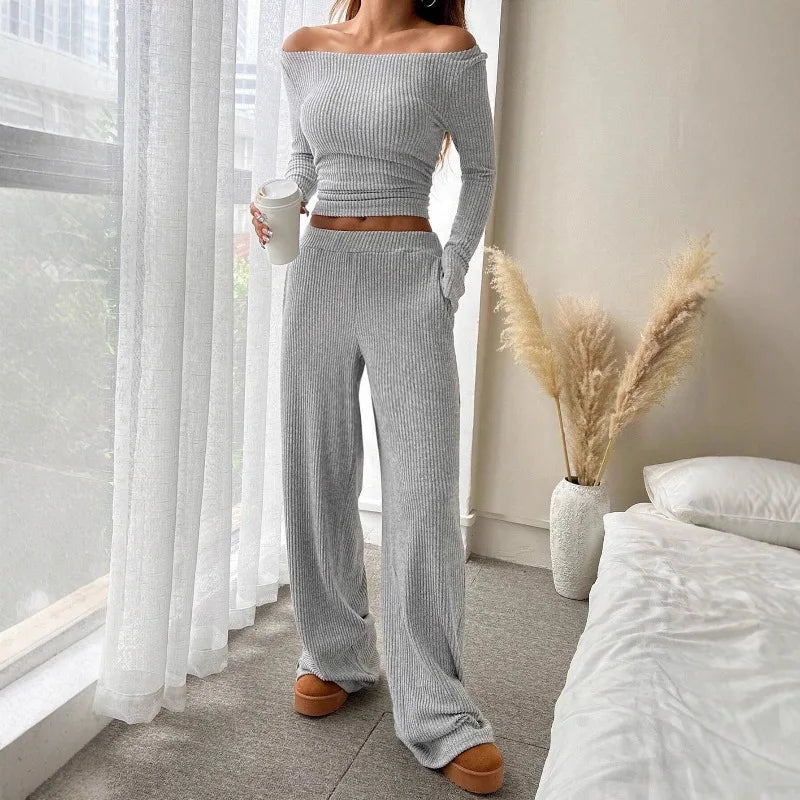 Women's Gray Ribbed Knit 2 Piece Set Long Sleeve Round Neck Crop Top Elastic Waist Wide Leg Pants Set Autumn Lounge Wear