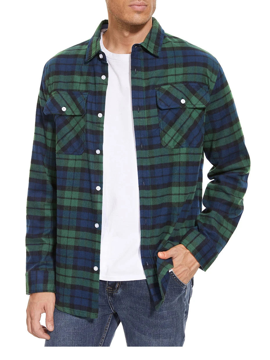 MAGCOMSEN Autumn Windproof Men's Flannel Shirt Warm Long Sleeve Casual Plaid Shirts with Two Chest Pockets