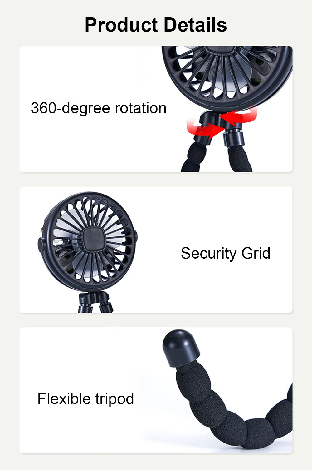 Baby Stroller Fan Folding Portable Octopus Mini Fan USB Rechargeable 3 Speed HandHeld Small Fan Flexible Tripod for Baby Outdoor
