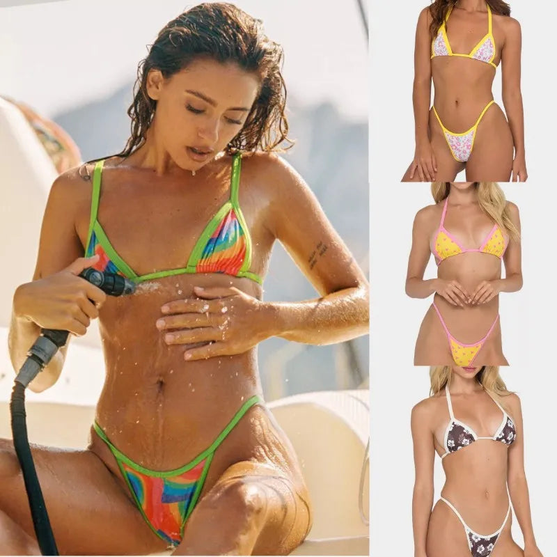 Sexy Bikini Swimsuit Digital Print Two-Piece Women's Triangle Soft Pack Swimwear Trendy Floral Pattern without Shoulder Straps