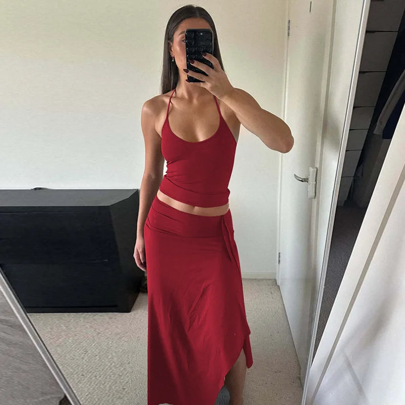 Hugcitar Fashion 2 Pcs Sets Halter Solid Backless Lace Up Sexy Crop Tank Top Ruched Maxi Skirt Women Outfit Beach Vacation Sport