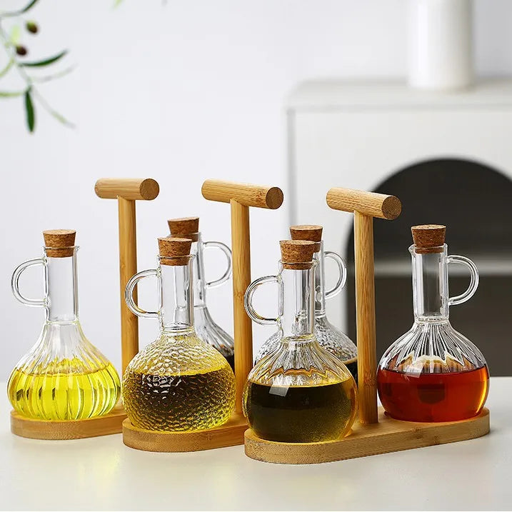 Household 300-350ml Heat-resistant Glass Oil Pot with Wooden Stand, Liquid Seasoning Bottle, Striped Sauce and Vinegar Oil Pot