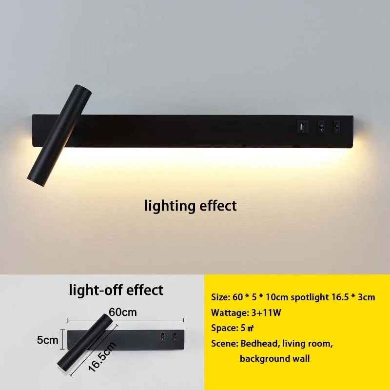 LED wall light with switch, rotatable USB reading spotlight, spotlighting, bedroom bedside hallway home decoration wall light