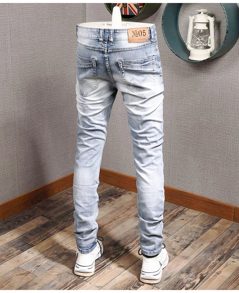 Streetwear Fashion Men Jeans Retro Light Blue Elastic Slim Fit Ripped Jeans Men Embroidery Designer Vintage Casual Denim Pants