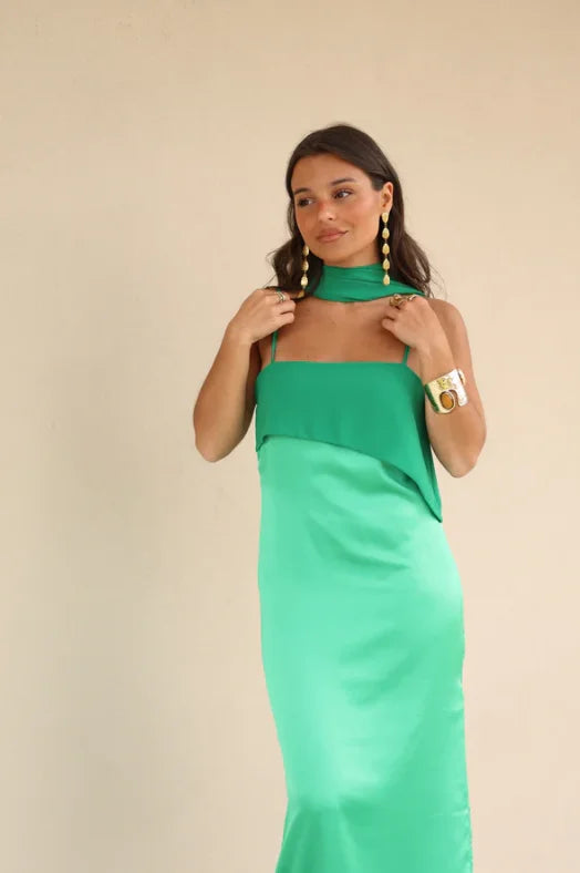 Color Blocking Scarf Collar Suspender Women Maxi Dress Spaghetti Strap High Split Floor Length Evening Dresses Lady Party Robes