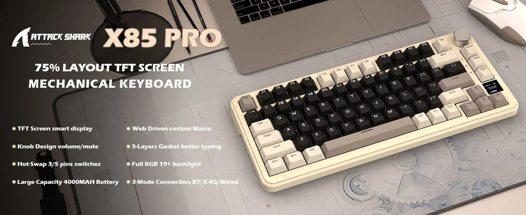 ATTACK SHARK X85Pro 75% Mechanical Keyboard with Screen & Knob Hot Swappable Wireless 2.4GHz/Bluetooth/Wired RGB Gasket Mount QM