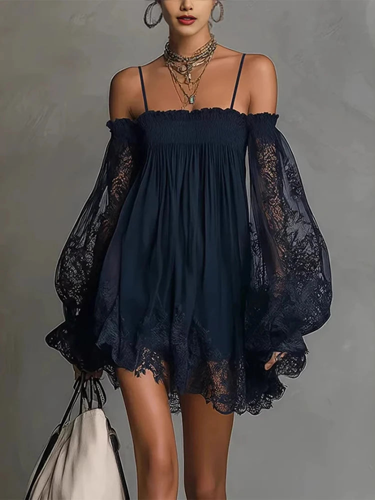 Off Shoulder Women Mini Dress Elegant Suspender Dress Summer Fashion Lace Sheer Long Falre Sleeve Party Evening Chic Dresses